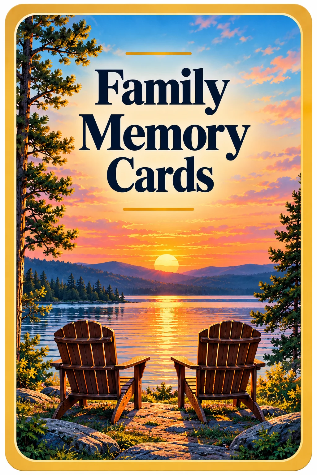 Approved shared card back: Family Memory Cards above a sunset lake and exactly two Adirondack chairs