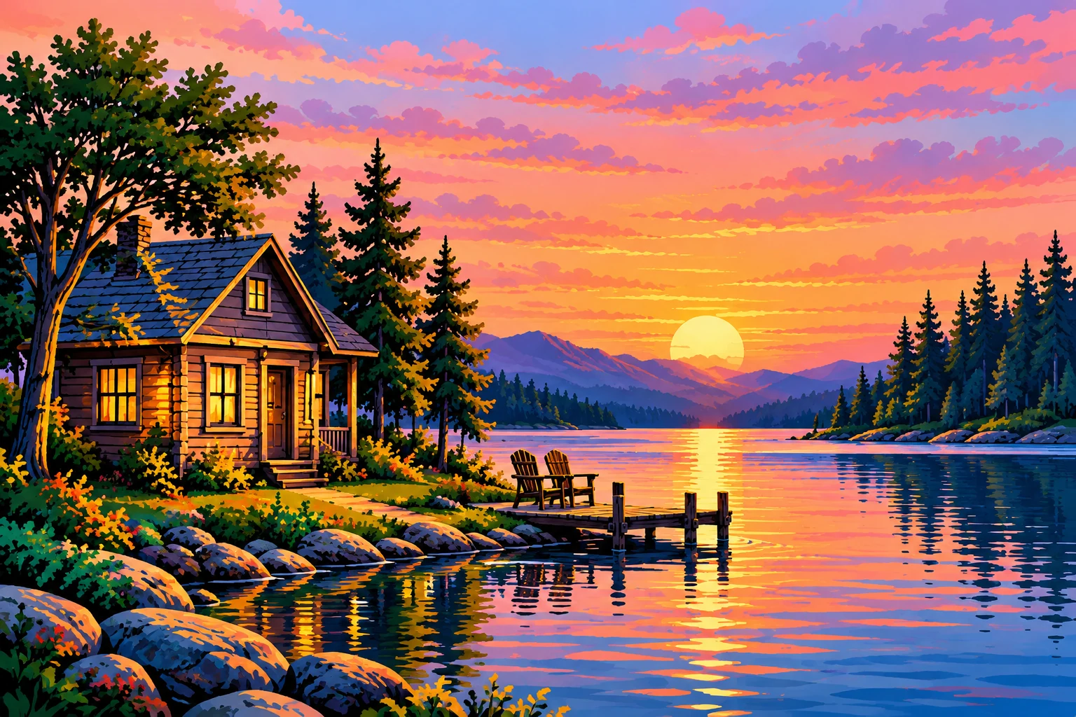 Warmly lit lakeside cabin at sunset