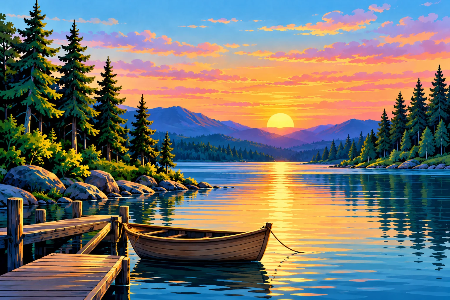 Rowboat beside a quiet lake dock