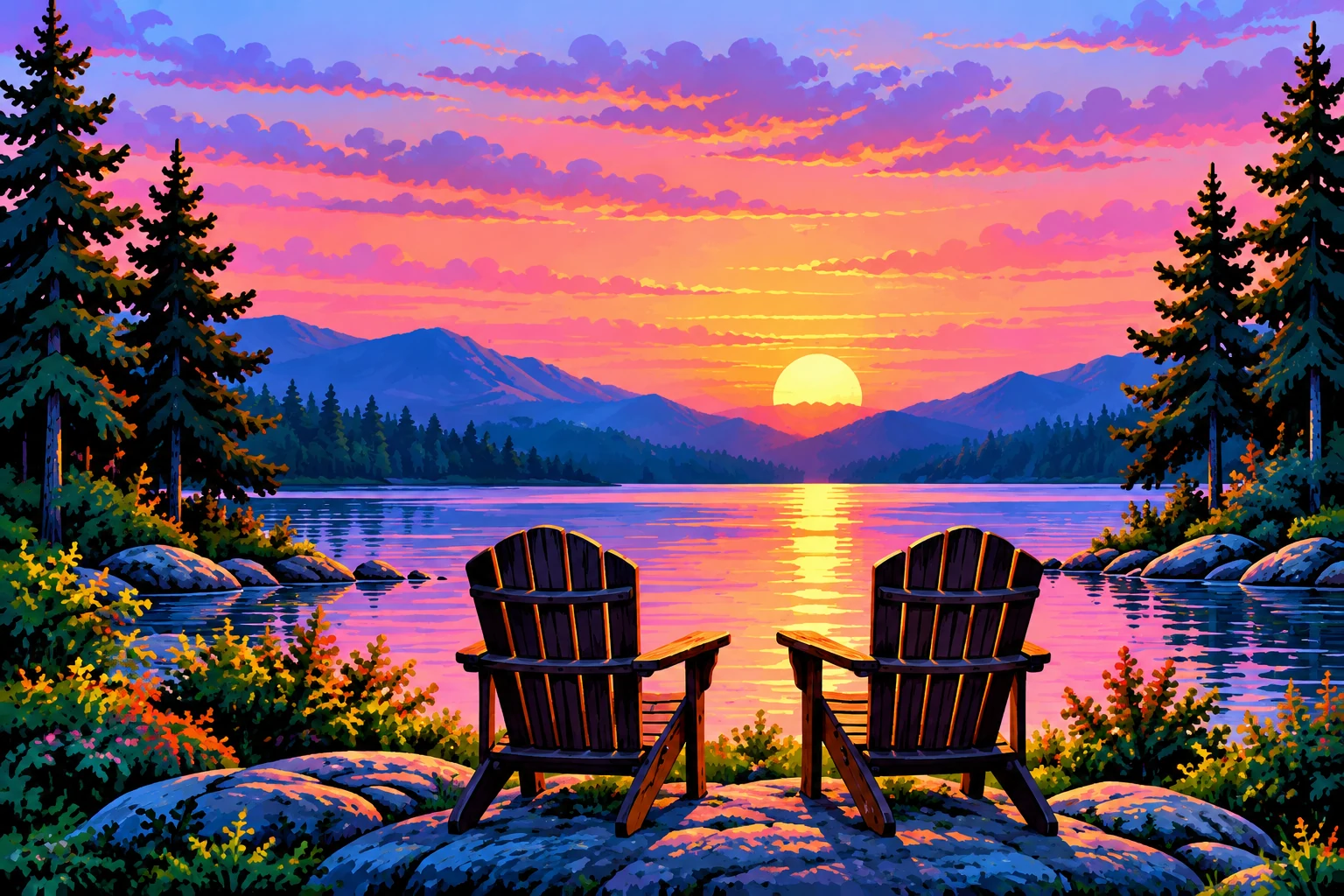 Two Adirondack chairs facing a sunset lake
