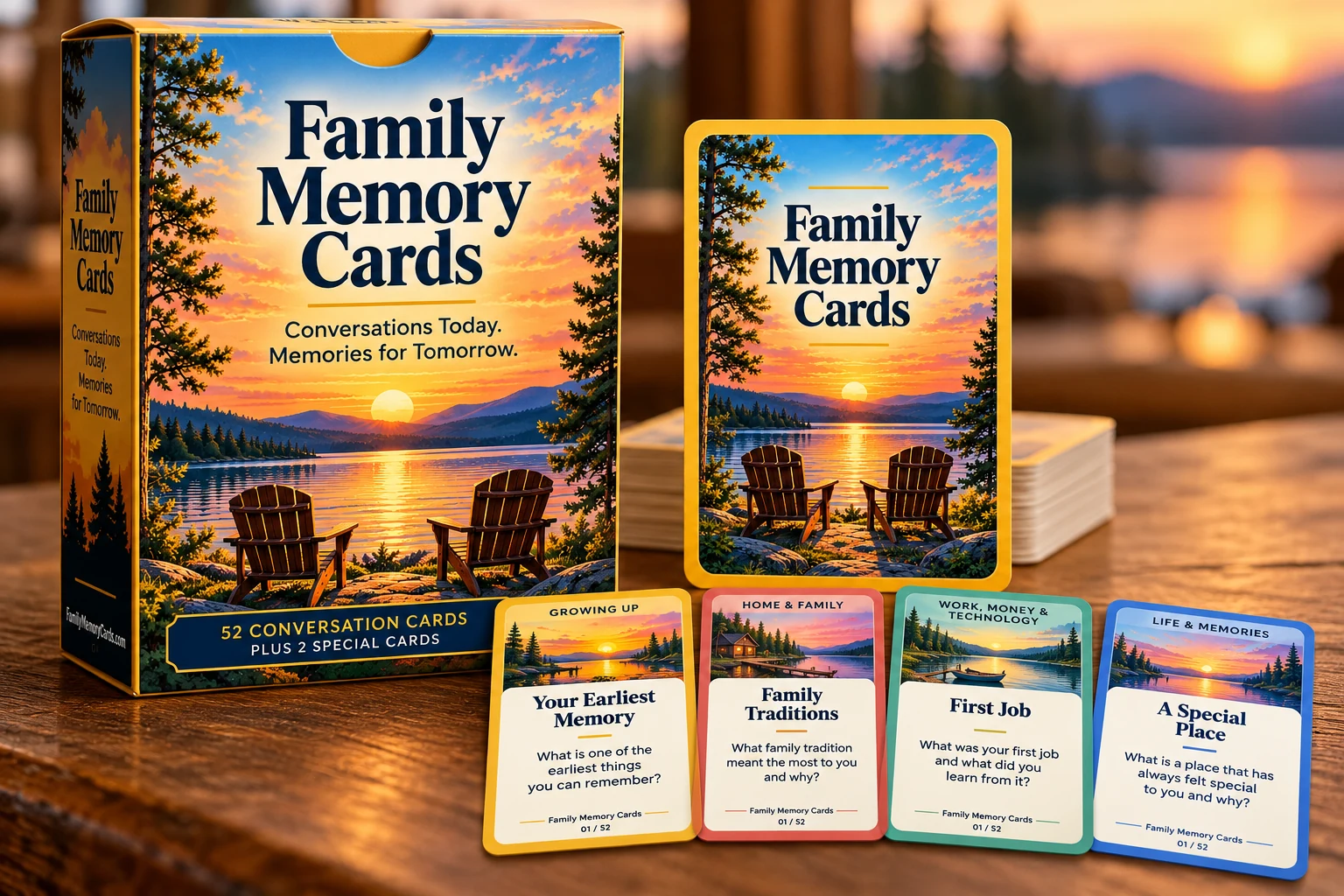 Family Memory Cards sunset lake tuck box, shared card back with two Adirondack chairs, and four colourful category cards